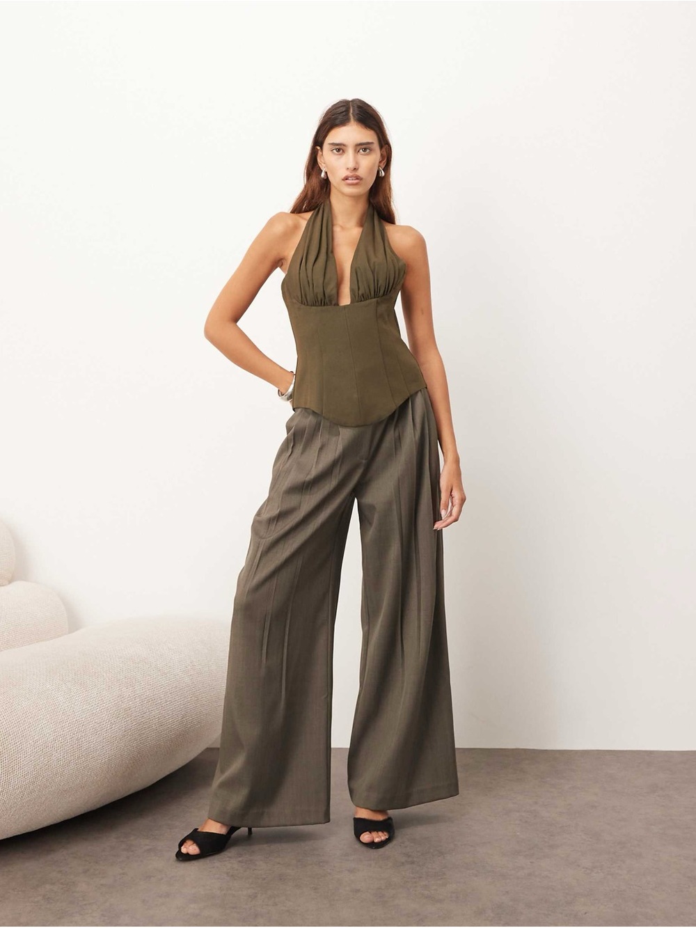 NWT ARRANGE tailored plunge halter top in khaki green